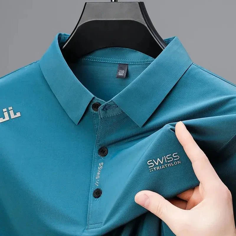 New Men's Casual Short Sleeved Shirt with Badge Solid Color Polo Shirt Versatile Top