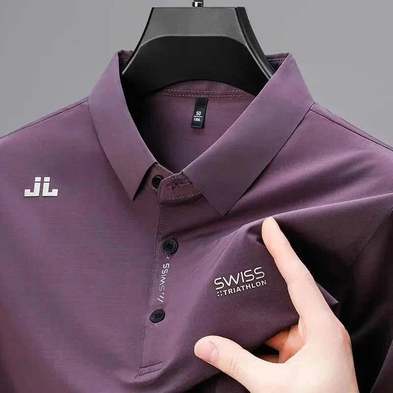 New Men's Casual Short Sleeved Shirt with Badge Solid Color Polo Shirt Versatile Top