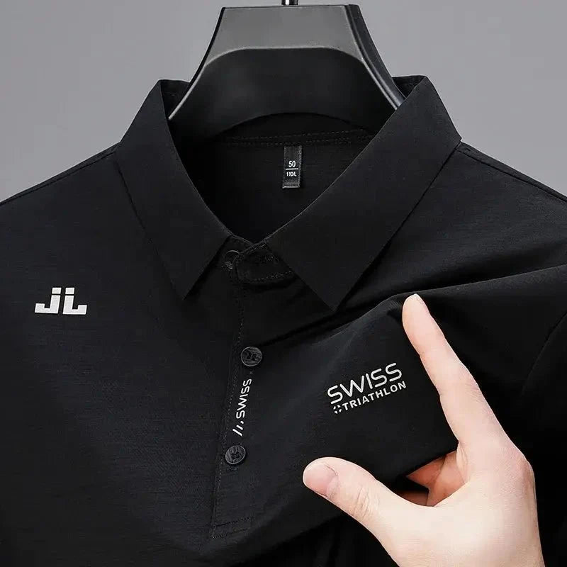 New Men's Casual Short Sleeved Shirt with Badge Solid Color Polo Shirt Versatile Top