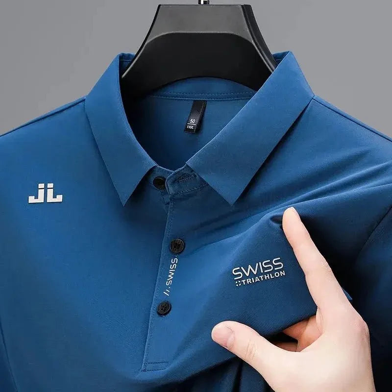 New Men's Casual Short Sleeved Shirt with Badge Solid Color Polo Shirt Versatile Top