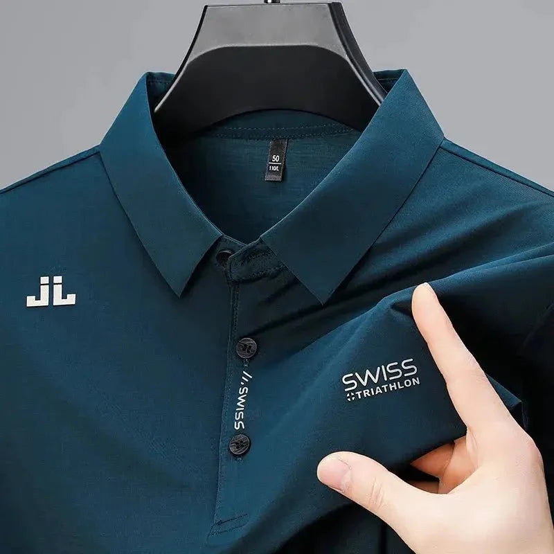 New Men's Casual Short Sleeved Shirt with Badge Solid Color Polo Shirt Versatile Top