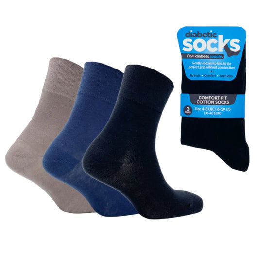 3 Pairs Black/Blue/Grey -  Diabetic Soft Grip Non Elastic Loose Weave Top Diabetic Socks Size 4-8