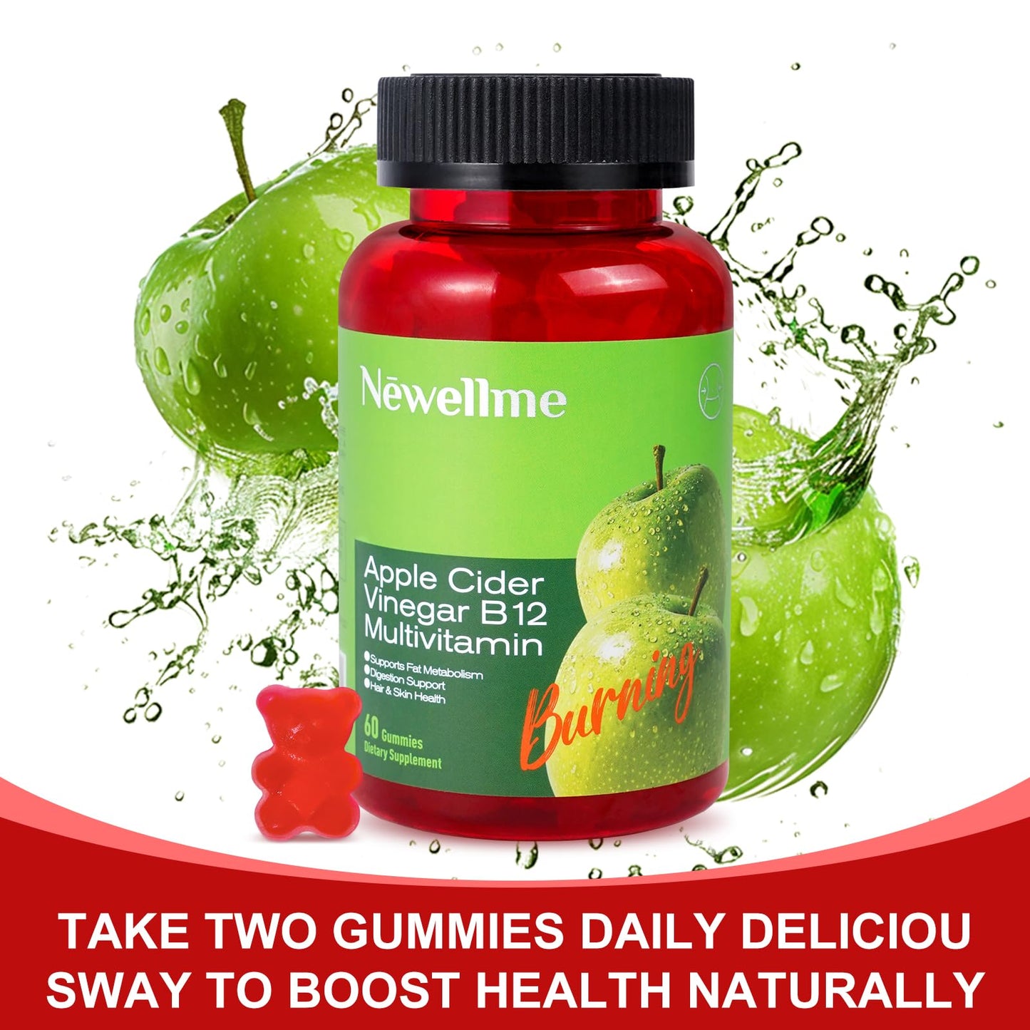 NEWELLME Sugar-Free Apple Cider Vinegar Gummies with B12 – Non-GMO ACV Supplement, 120 Gummies