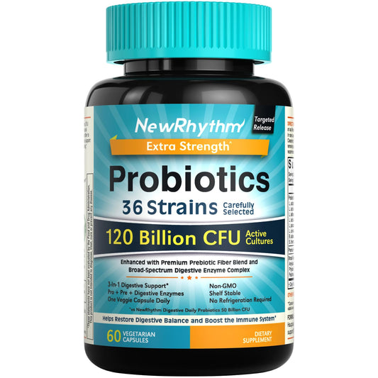 NewRhythm Probiotics 120 Billion CFU, 36 Strains – Digestive Health & Immune Support, 60 Veggie Caps