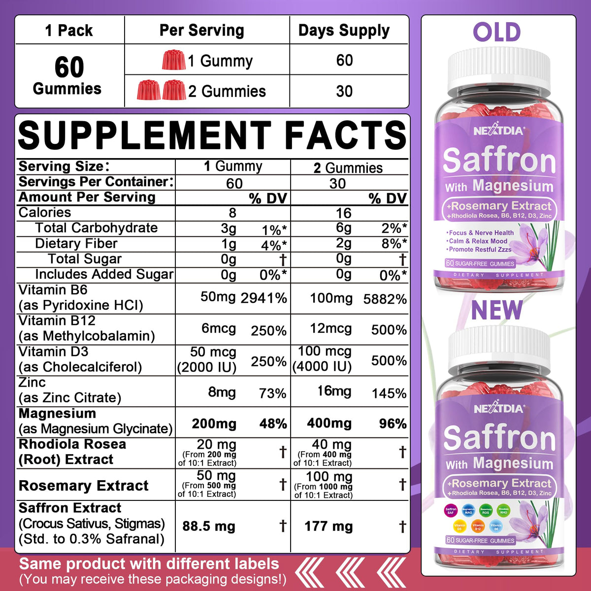 Nextdia Saffron with Magnesium Glycinate Gummies, 2 Months Supply -Sugar Free Magnesium 400/200mg w/Saffron,Rhodiola,Rosemary, B6,B12,D3 for S-leep, Calm,Focus, Relax, Nerve, Melatonin Free Gummies