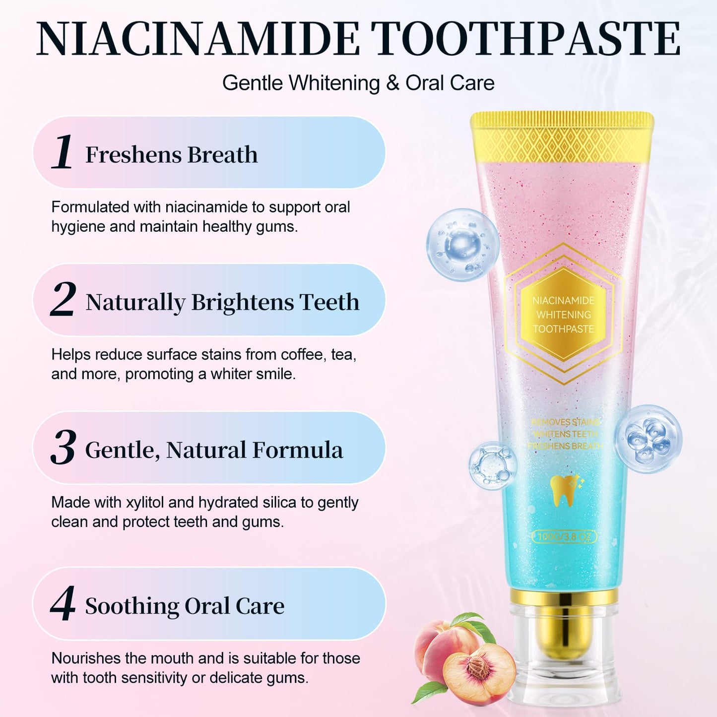Niacinamide Whitening Toothpaste - Stain Removal, Enamel Protection, Mint & Peach (2pcs)