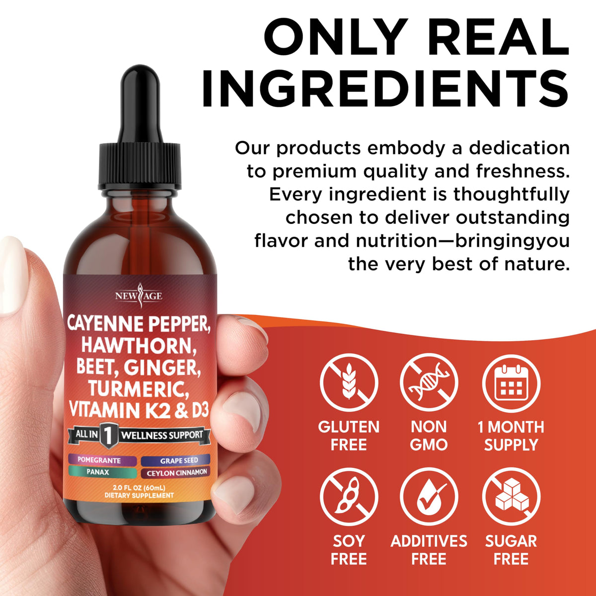 Cayenne Pepper Liquid Drops with Hawthorn Berry, D3 K2 - 4oz