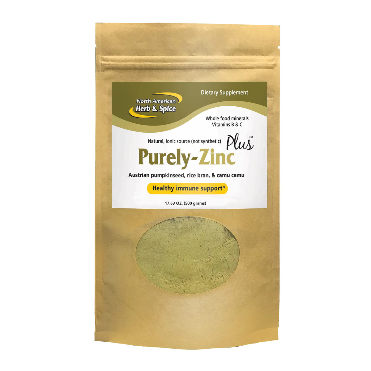 North American Herb & Spice Purely-Zinc Plus - 17.63 oz - Whole Food Zinc Supplement - Healthy Immune Support - Austrian Pumpkin Seed, Rice Bran & Camu Camu - Non-GMO - 18 Servings