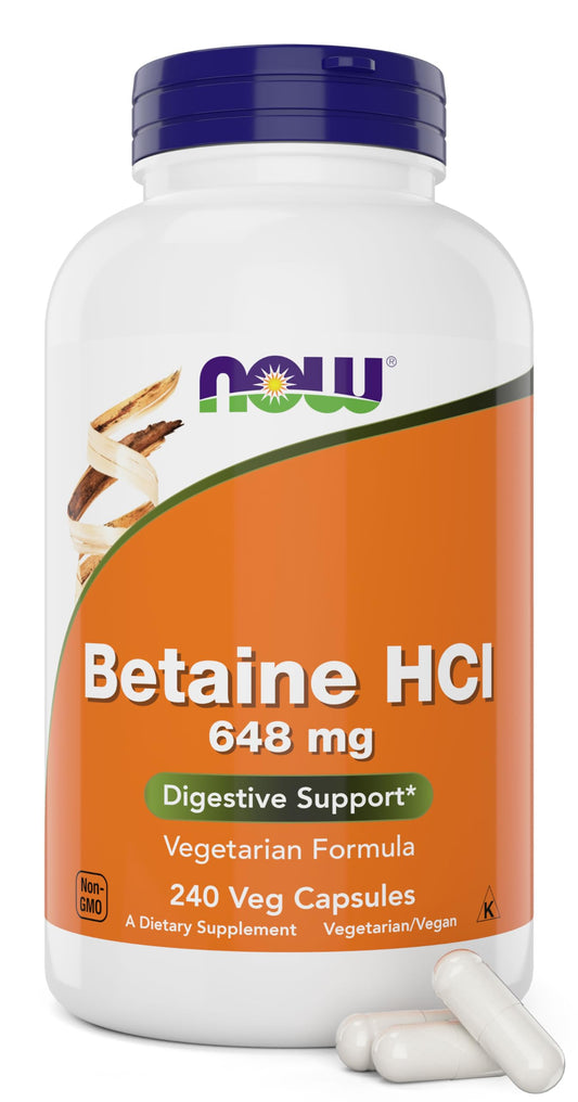 NOW Betaine HCl 648mg 240 Veg Capsules – Digestive Enzymes with Pepsin