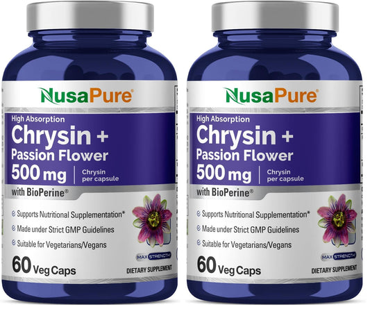 NusaPure Chrysin 500mg – 60 Veggie Capsules | Passion Flower Complex | Non-GMO + Bioperine | Pack of 2