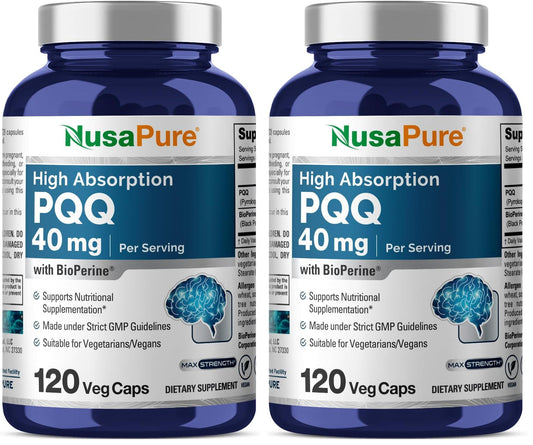 NusaPure PQQ Supplement 40 mg - 120 Veggie Capsules (Non-GMO, Bioperine) Pack of 2