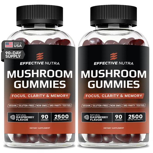 Effective Nutra Mushroom Gummies 2500mg - 10-in-1 Lion’s Mane, Reishi, Chaga, Cordyceps & More - Focus, Clarity, Memory - Raspberry Flavor, Vegan, Made in USA (2-Pack)