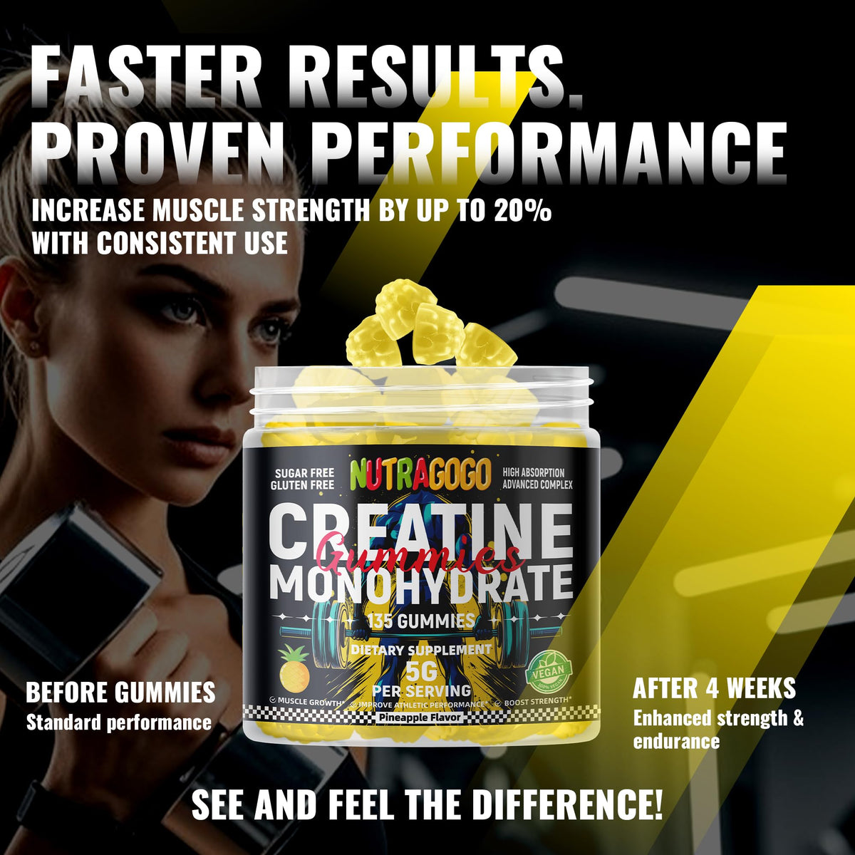 NUTRAGOGO Creatine Monohydrate Gummies – 5g per Serving, Sugar Free, Vegan | Pineapple Electrolyte Chews, 135 Count