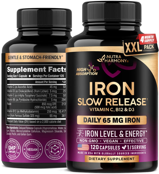 Iron 65mg Slow Release Supplement for Women | NutraHarmony 120 Capsules