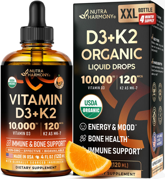 Vitamin D3 K2 USDA Organic Drops – 10,000 IU D3 + 120 mcg MK-7
