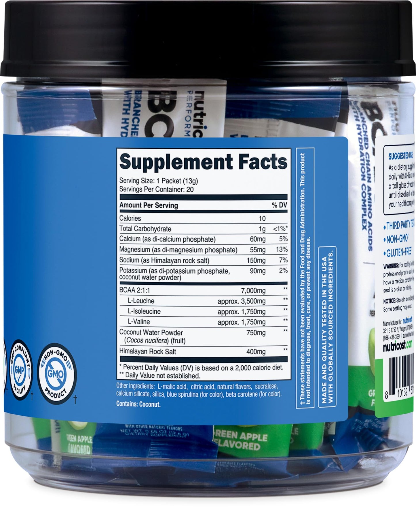 Nutricost BCAA+ Hydration Green Apple - 20 Stickpacks | Gluten-Free, Non-GMO