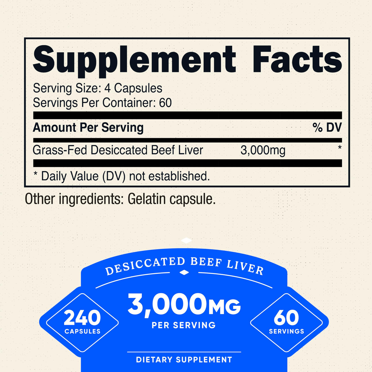 Nutricost Grass-Fed Desiccated Beef Liver Capsules 3000mg per Serving | 60 Servings (240 Caps)