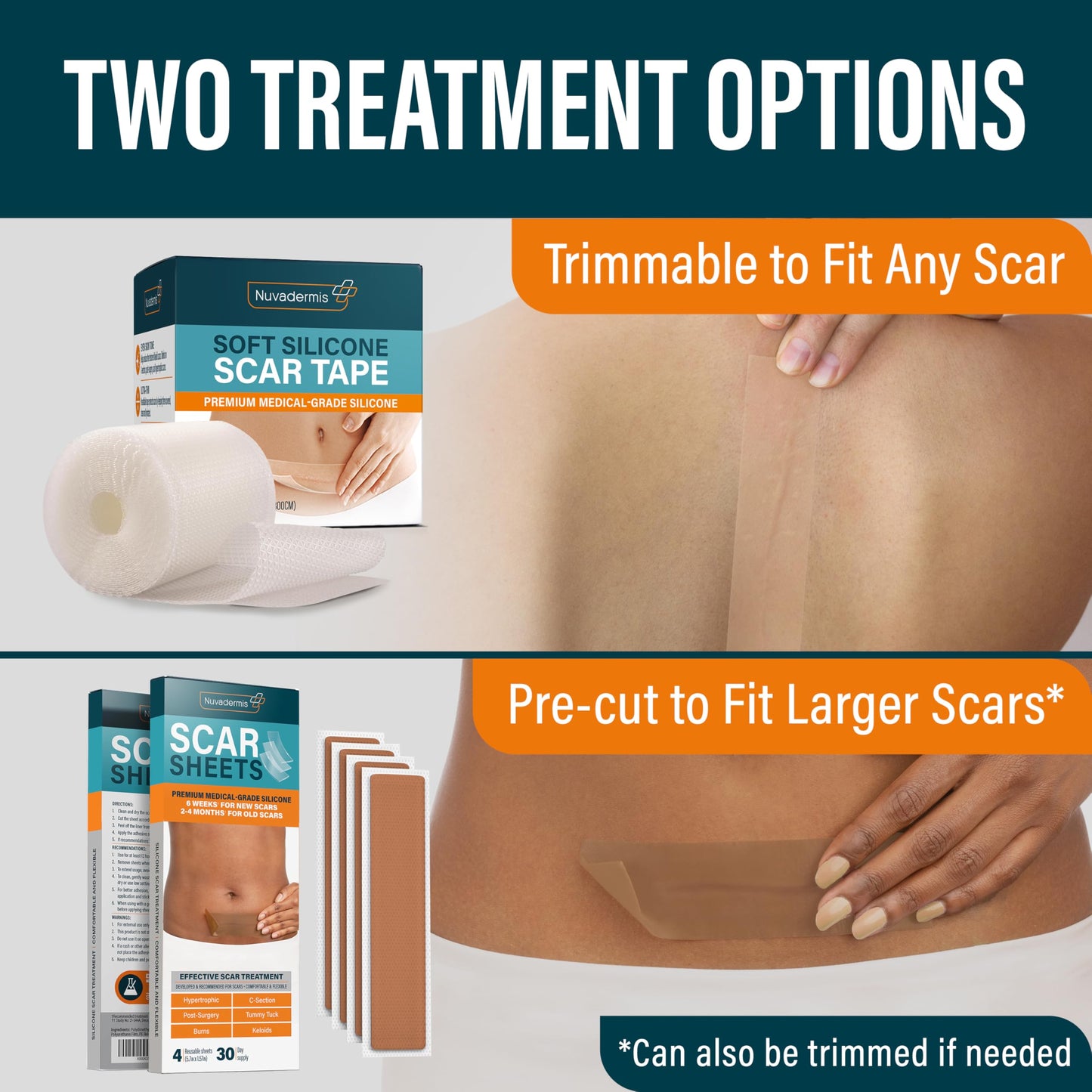 NUVADERMIS Silicone Scar Sheets - Extra Long, Reusable Medical-Grade for C-Section, Tummy Tuck & Surgical Scars