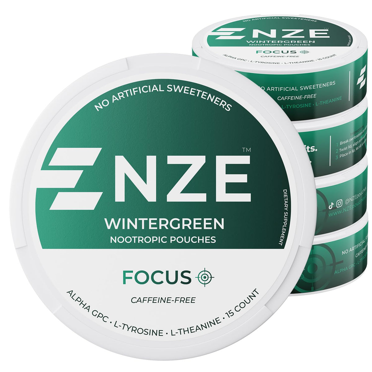 NZE Caffeine Free Nootropic Pouches (Wintergreen) – 15 Pouches Per Can – 5 Pack