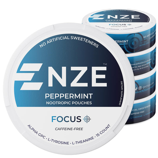 NZE Caffeine Free Nootropic Pouches (Peppermint) - 5 Can Pack | Alpha GPC, L-Tyrosine & L-Theanine