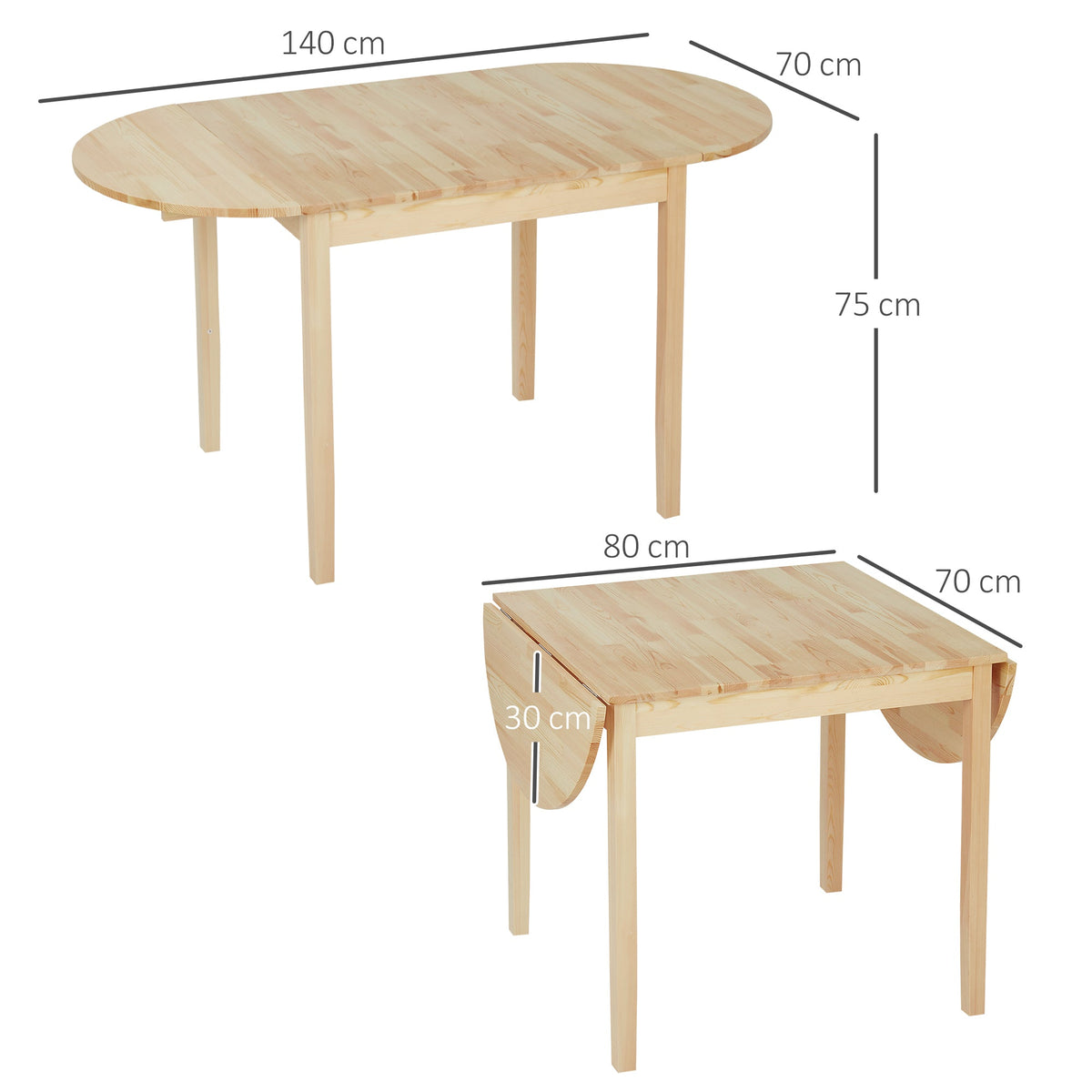 HOMCOM Foldable Dining Table, Solid Wood Drop Leaf Table, Natural