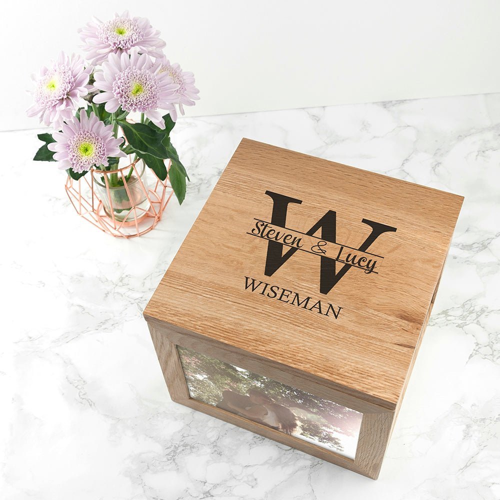 Oak Photo Keepsake Box With Couple Monogram