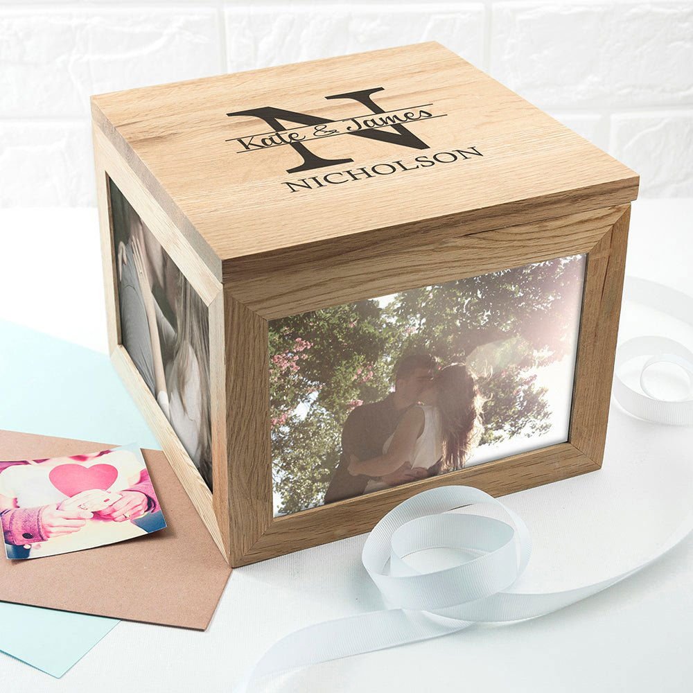 Oak Photo Keepsake Box With Couple Monogram