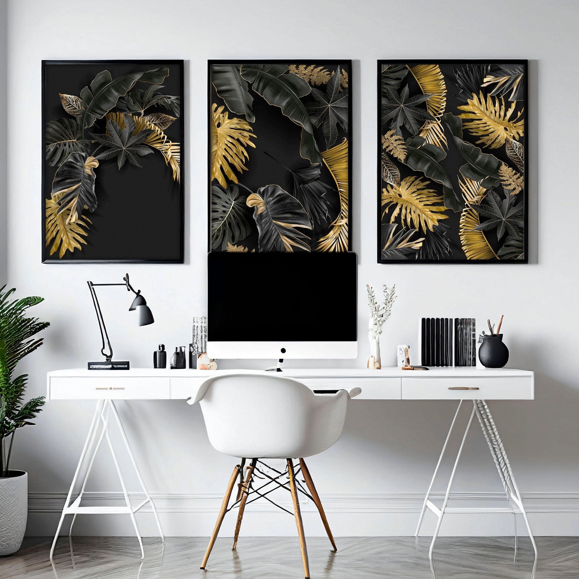 Office decor for walls | set of 3 Tropical gold wall art prints
