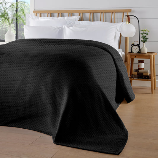 OLIVIA ROCCO Florian Checked Throw Blanket 100% Cotton Black Bedspread For Sofas
