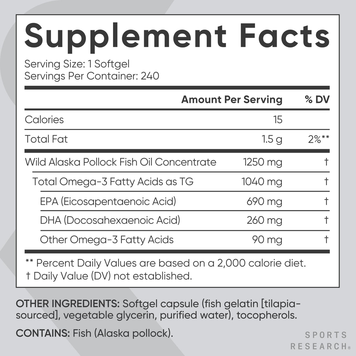 Sports Research Triple Strength Omega-3 Fish Oil - Burpless 1250 mg, 240 Softgels | Wild Alaska Pollock, EPA & DHA
