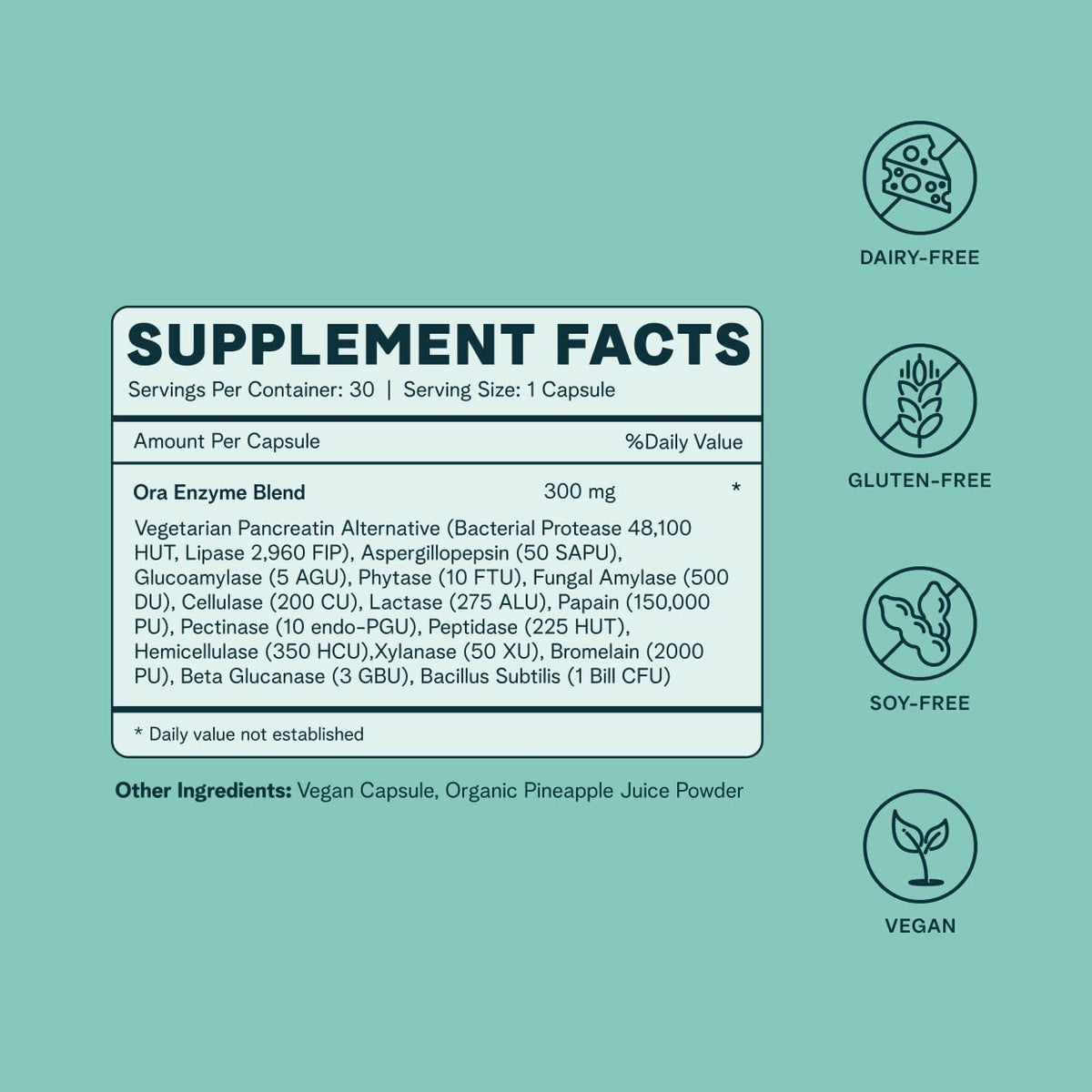 Ora Organic Multi-Enzyme Supplement – Vegan, Gluten Free Digestive Enzymes with Probiotics | 30 Capsules