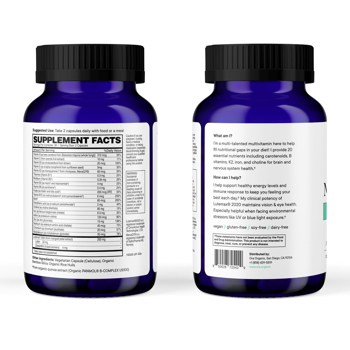 Ora Organic Plant Based Multivitamin for Women & Men | Blue Light Protection