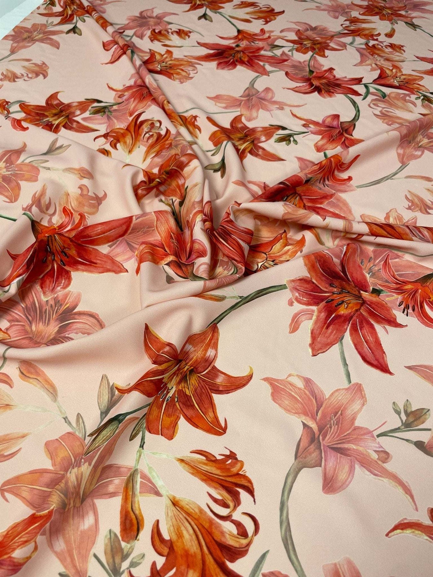 Orange and Red Lily Floral Fabric by Metre