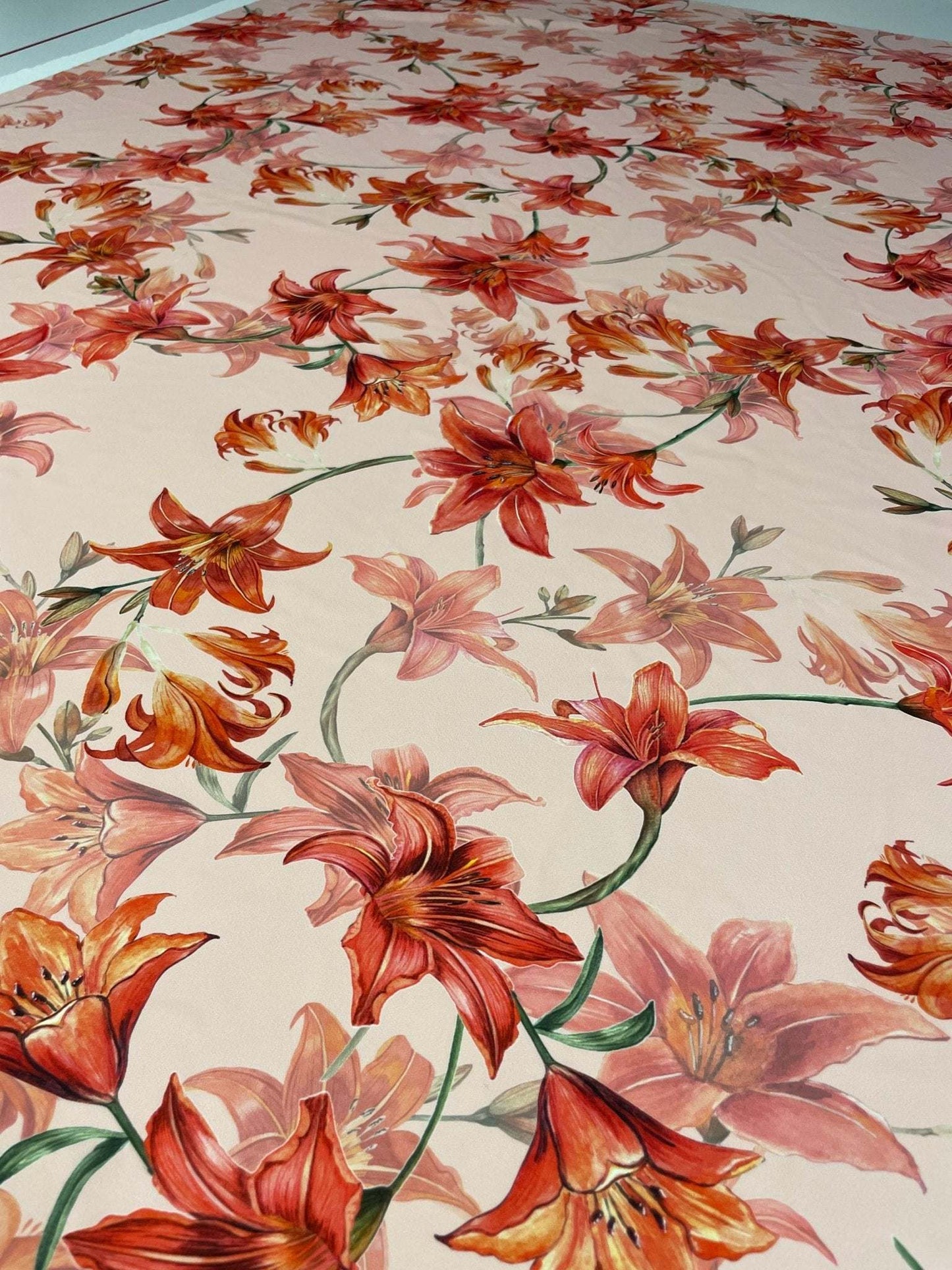Orange and Red Lily Floral Fabric by Metre