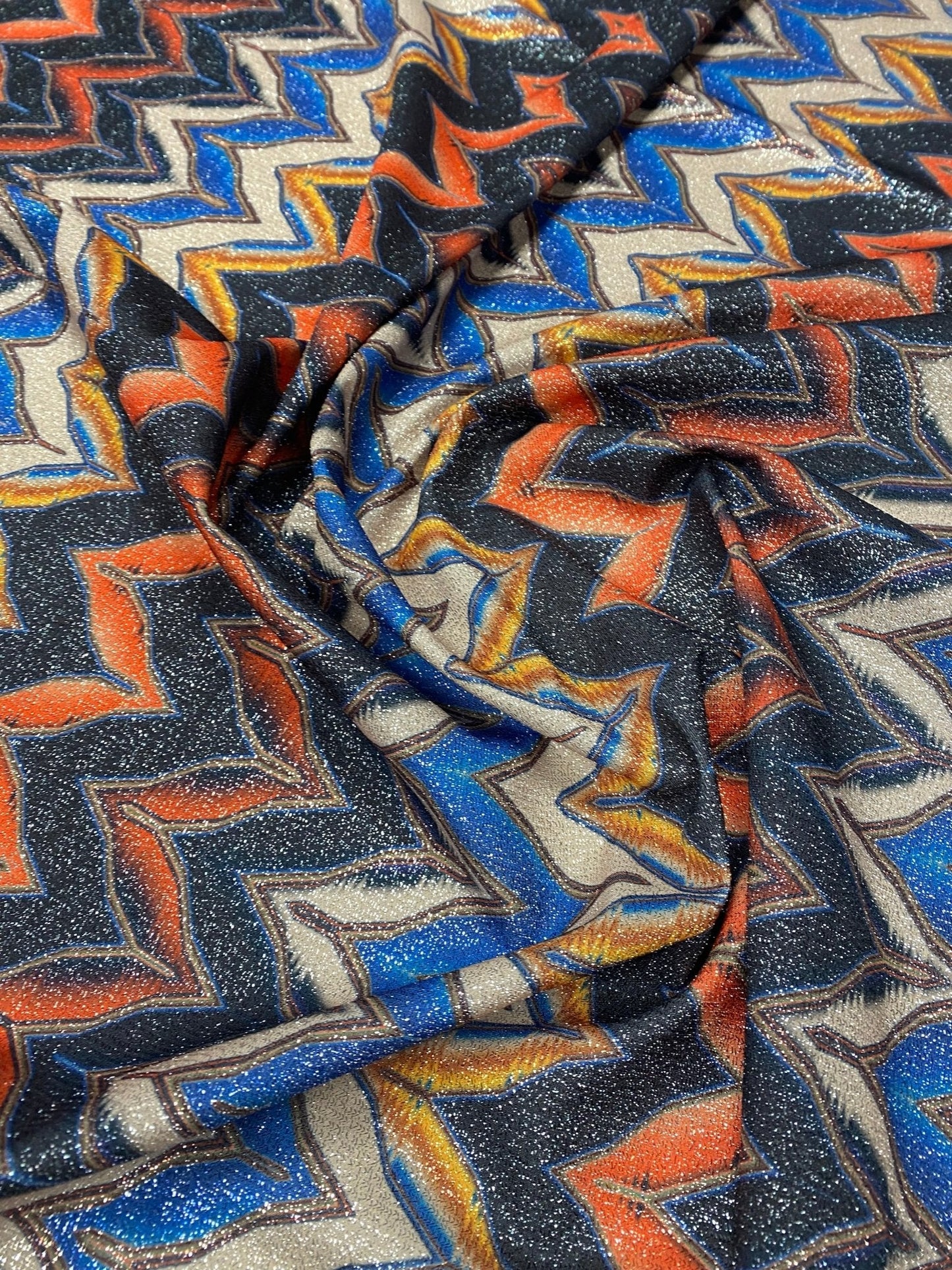 Orange Blue Zigzag Lurex Fabric with Shimmer by the Metre