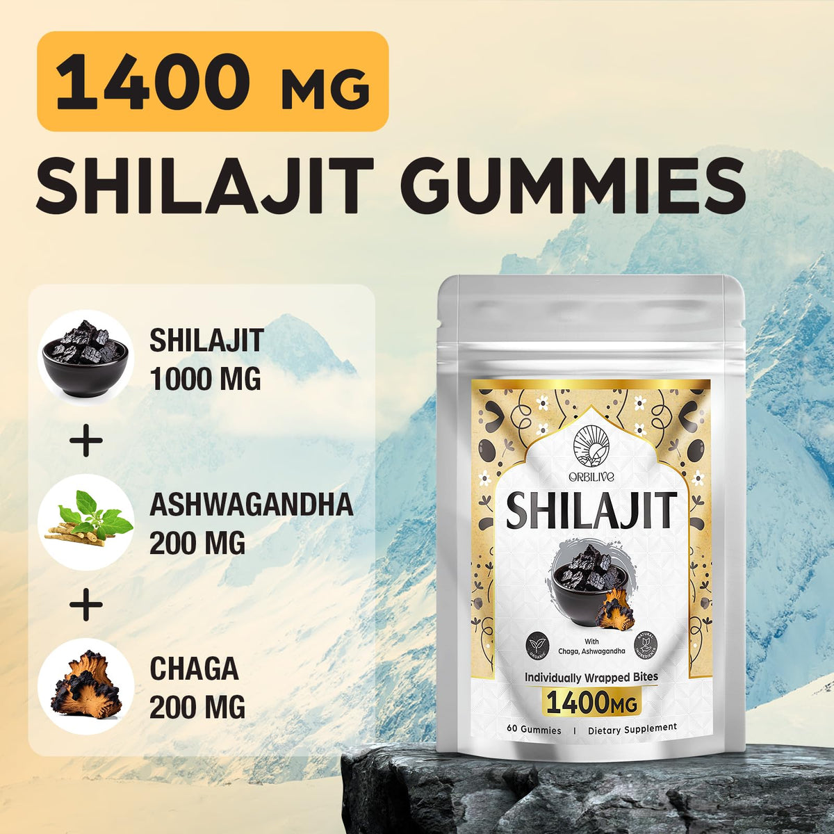 ORBILIVE 1400 MG Shilajit Gummies – Pure Himalayan Shilajit with Ashwagandha, 60 Counts, Sugar-Free