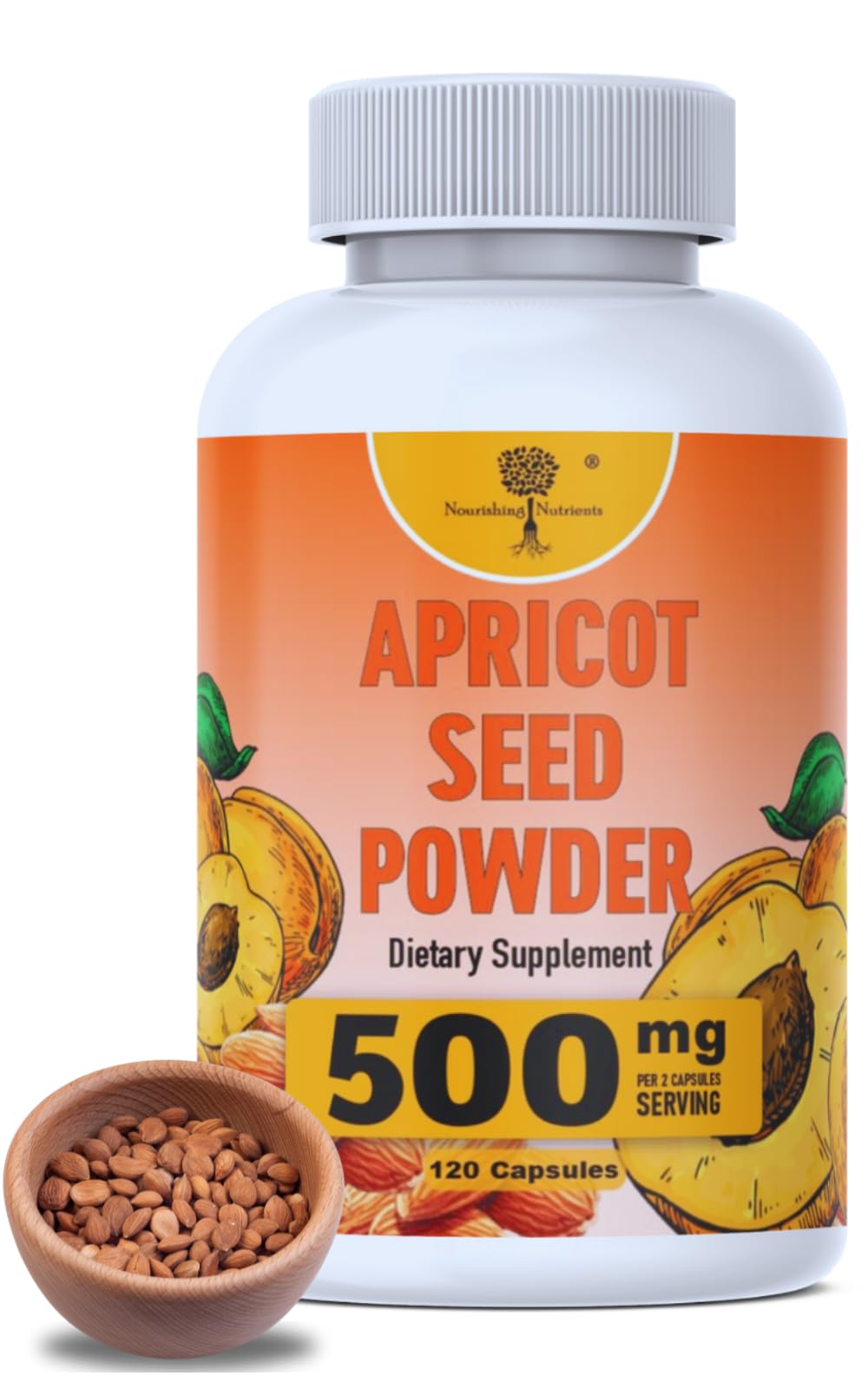Organic Apricot Seeds Powder - 500mg Kernel Supplement, 120 Capsules