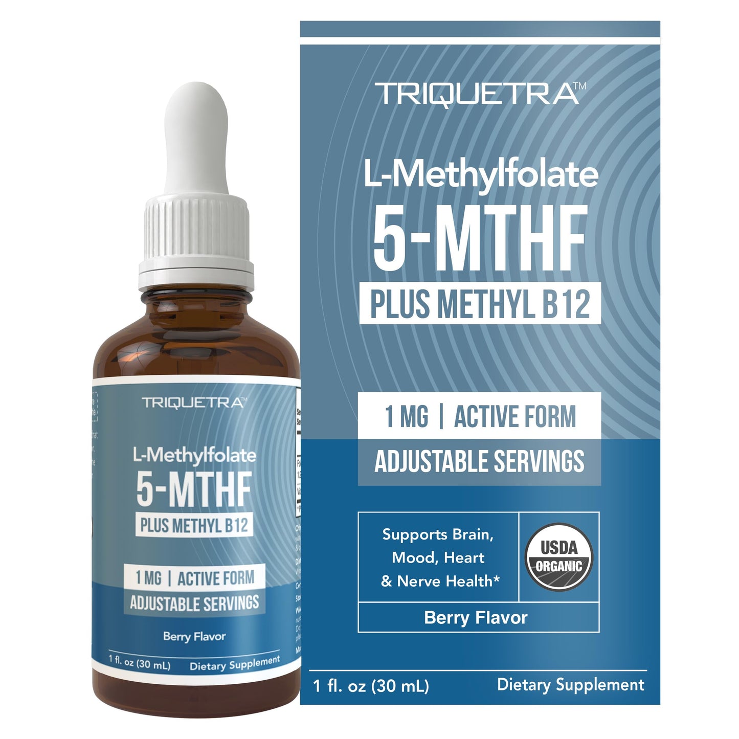 Organic Methyl Folate 1000 mcg + Methyl B12 Cofactor | Sublingual Berry Liquid (1oz) | 300 Servings | 5-MTHF