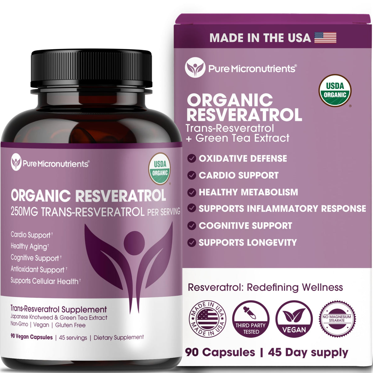 Organic Resveratrol Supplement – Trans-Resveratrol Capsules with Green Tea – Highly Purified & Bioavailable - 90 Vegan Caps