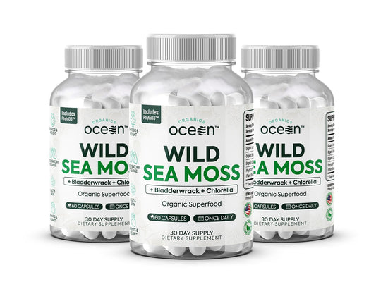 Organics Ocean Wild Sea Moss Capsules – Organic Irish Sea Moss, Chlorella, Bladderwrack & Vitamin D3 (3 Bottles)