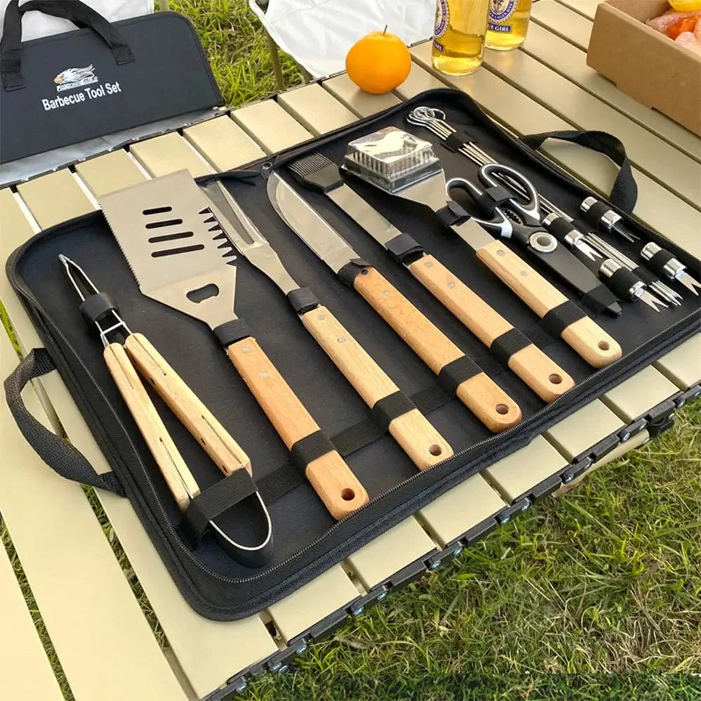 Outdoor BBQ Tool Set – Stainless Steel Grill Accessories with Wooden Handle Fork, Shovel, Clip & Cloth Bag for Camping Barbecue