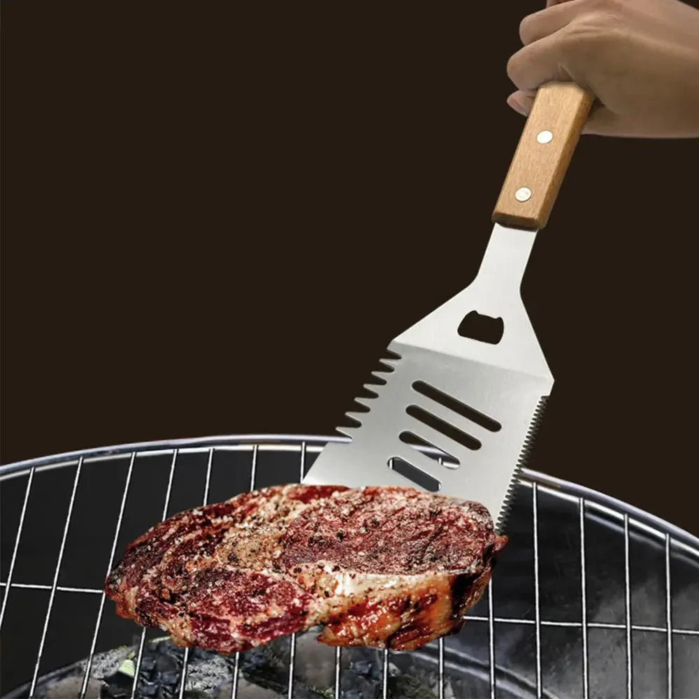 Outdoor BBQ Tool Set – Stainless Steel Grill Accessories with Wooden Handle Fork, Shovel, Clip & Cloth Bag for Camping Barbecue