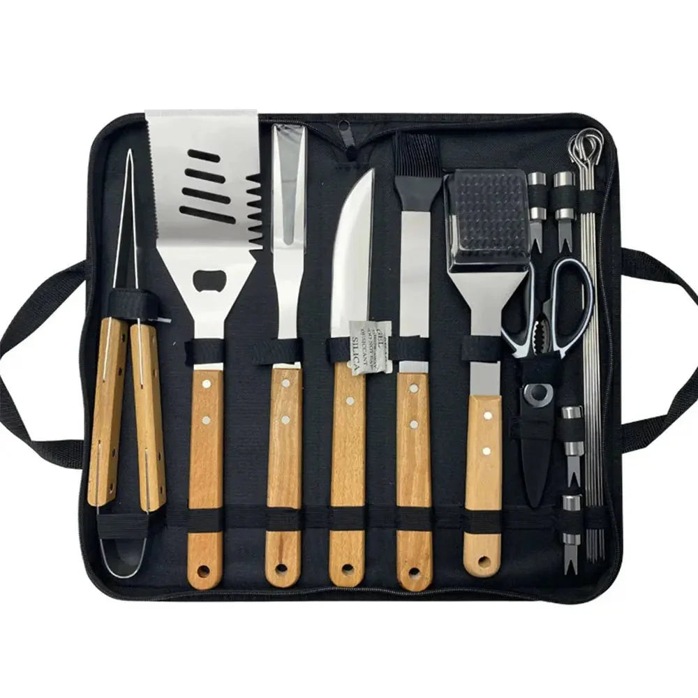 Outdoor BBQ Tool Set – Stainless Steel Grill Accessories with Wooden Handle Fork, Shovel, Clip & Cloth Bag for Camping Barbecue