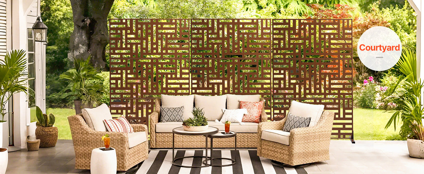 VEVOR Metal Privacy Screen Freestanding Outdoor Divider with Stand 3-Panel Decorative Garden Steel Privacy Fence for Balcony