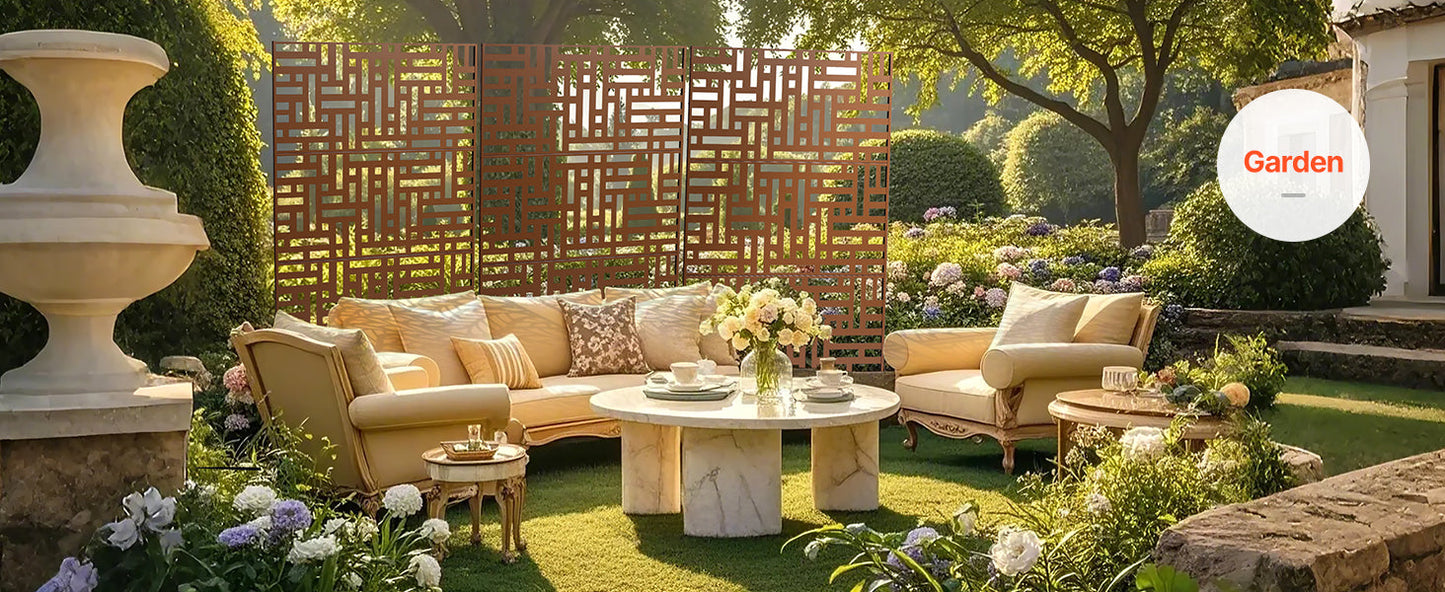 VEVOR Metal Privacy Screen Freestanding Outdoor Divider with Stand 3-Panel Decorative Garden Steel Privacy Fence for Balcony