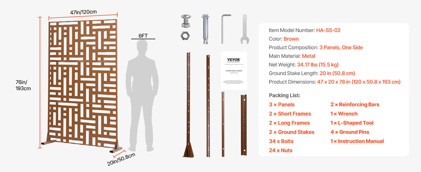 VEVOR Metal Privacy Screen Freestanding Outdoor Divider with Stand 3-Panel Decorative Garden Steel Privacy Fence for Balcony