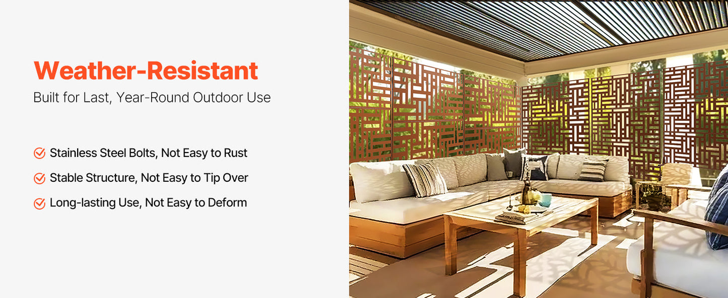 VEVOR Metal Privacy Screen Freestanding Outdoor Divider with Stand 3-Panel Decorative Garden Steel Privacy Fence for Balcony