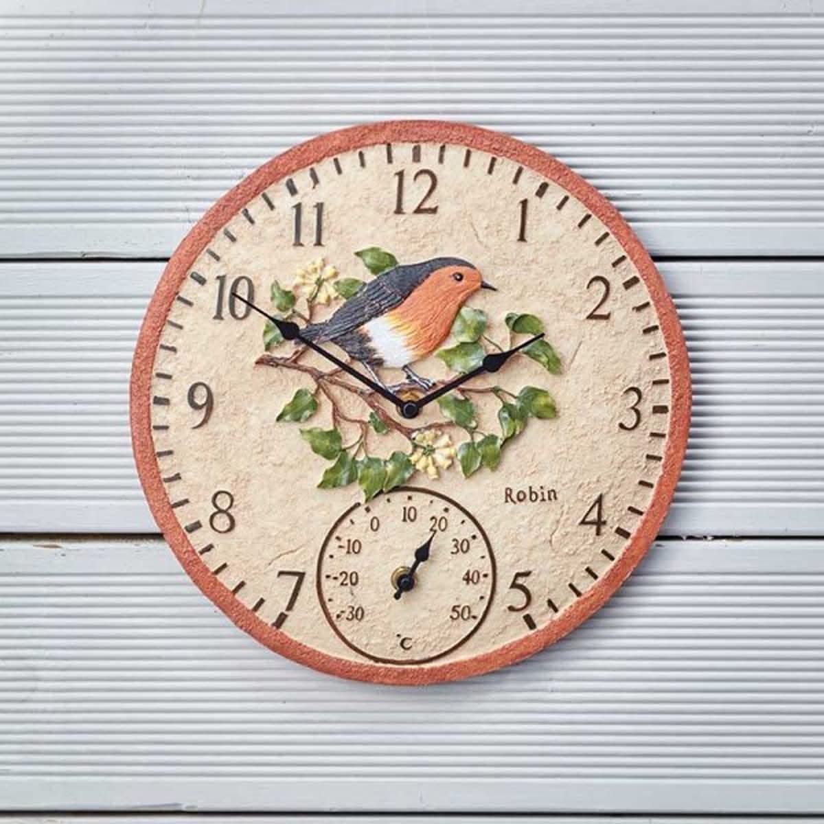 12 Inch Rustic Stone Effect Robin Wall Clock with Thermometer