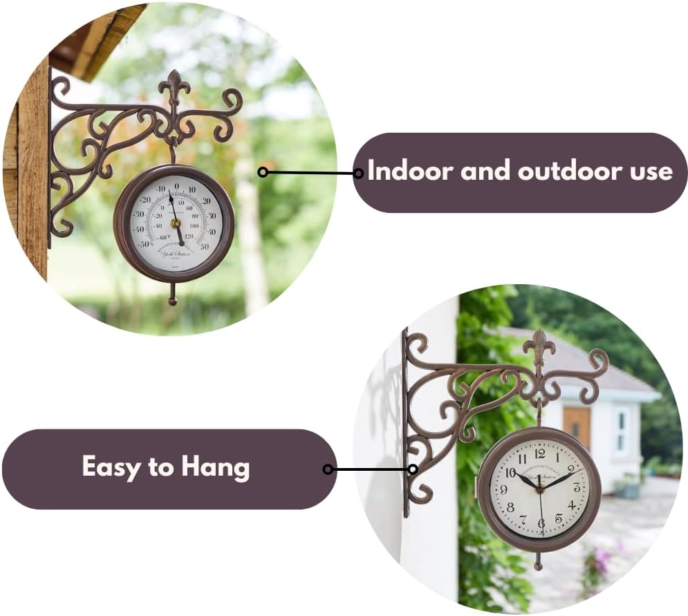 Double Sided Outdoor Station Clock with Thermometer Wall Mount