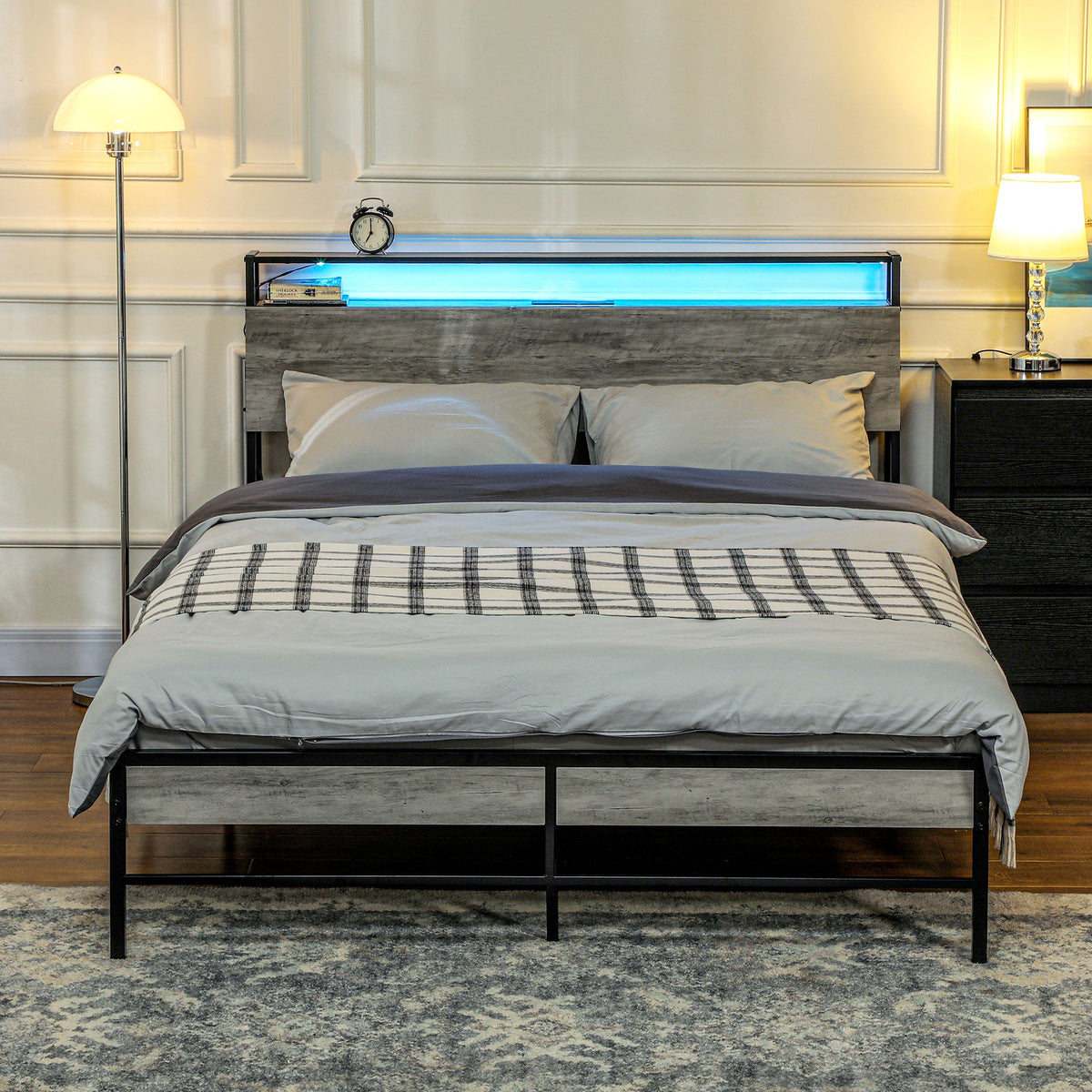 HOMCOM LED King Bed Frame with Charging Station, 150 x 200cm, Cement Grey